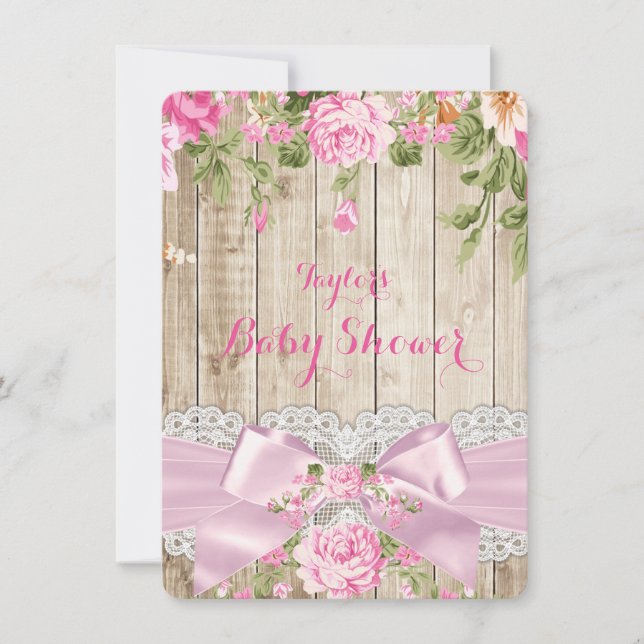 Invitation Baby shower Floral rose dentelle de bois rustique (Devant)