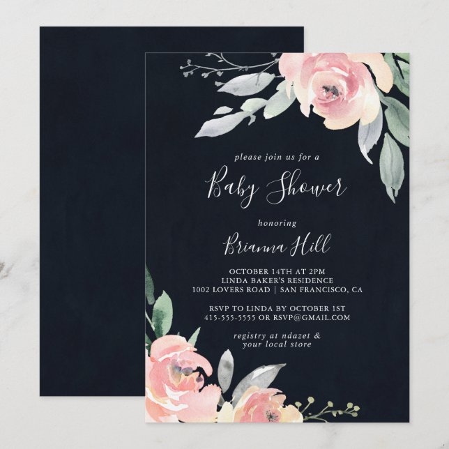 Invitation Baby shower floral rose élégant (Devant / Derrière)