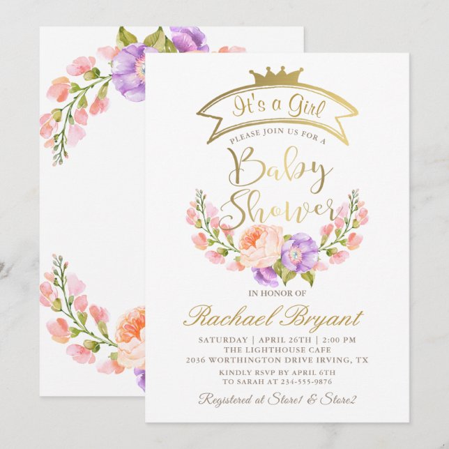 Invitation Baby shower floral rose élégant de la couronne d'o (Devant / Derrière)