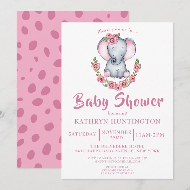 Invitation Baby shower Floral rose Eléphant mignon (Devant / Derrière)