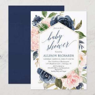 Invitation baby shower floral rose et bleu marine