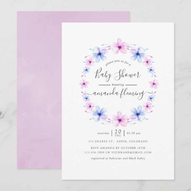 Invitation Baby shower floral rose et bleu Pastel (Devant / Derrière)