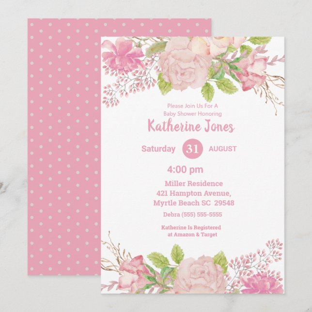 Invitation Baby shower floral rose et crème (Devant / Derrière)