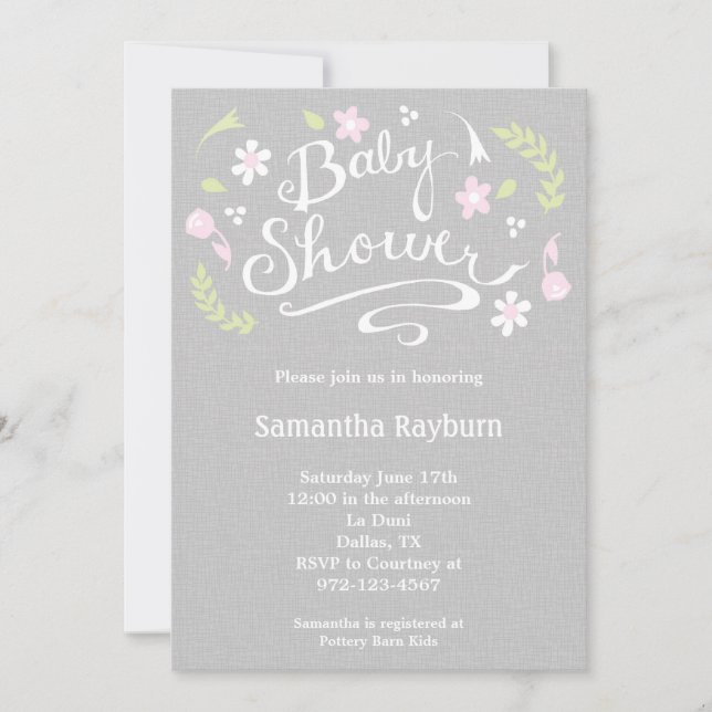 Invitation Baby shower floral rose et gris (Devant)