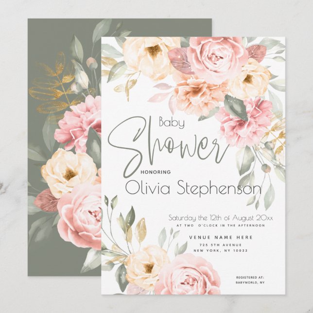 Invitation Baby shower floral rose et ivoire (Devant / Derrière)