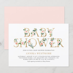 Invitation Baby shower floral rose et or à huile rose et or