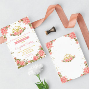 Invitation Baby shower floral rose et or princesse couronne