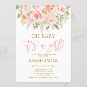 Invitation Baby shower floral rose et pêche aquarelle