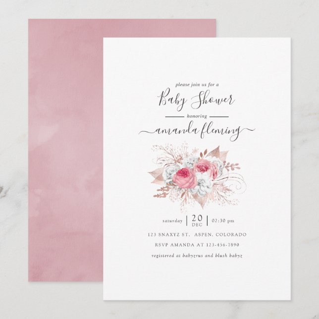 Invitation Baby shower Floral rose et Rose or (Devant / Derrière)