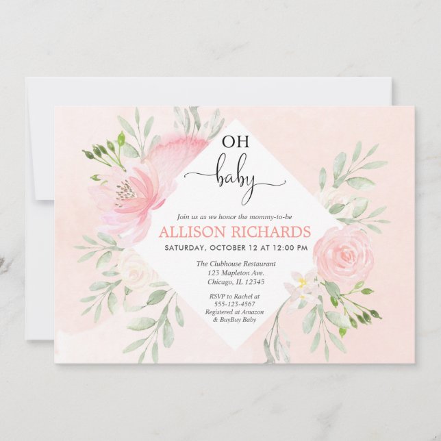 Invitation Baby shower floral rose et verdoyant fille (Devant)