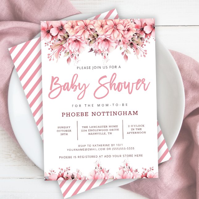 Invitation Baby shower floral rose fille (Girl Pink Floral Baby Shower Invitation)