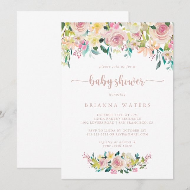 Invitation Baby shower Floral rose Gold Spring (Devant / Derrière)