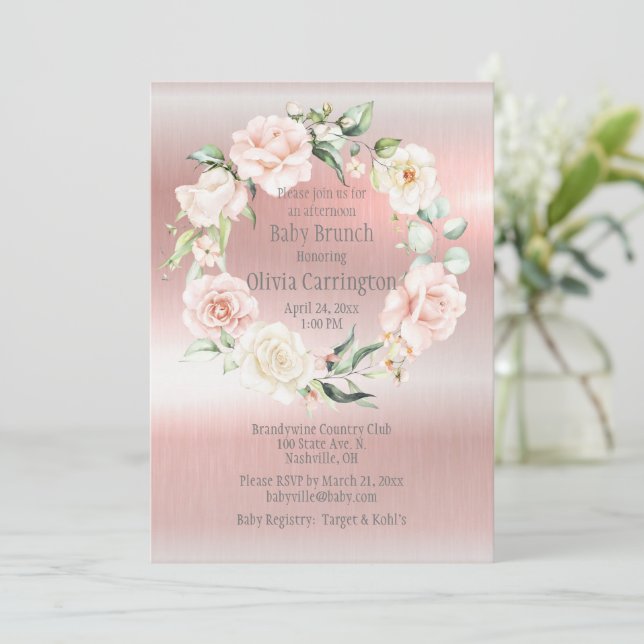 Invitation Baby shower Floral rose métallique Brunch (Debout devant)