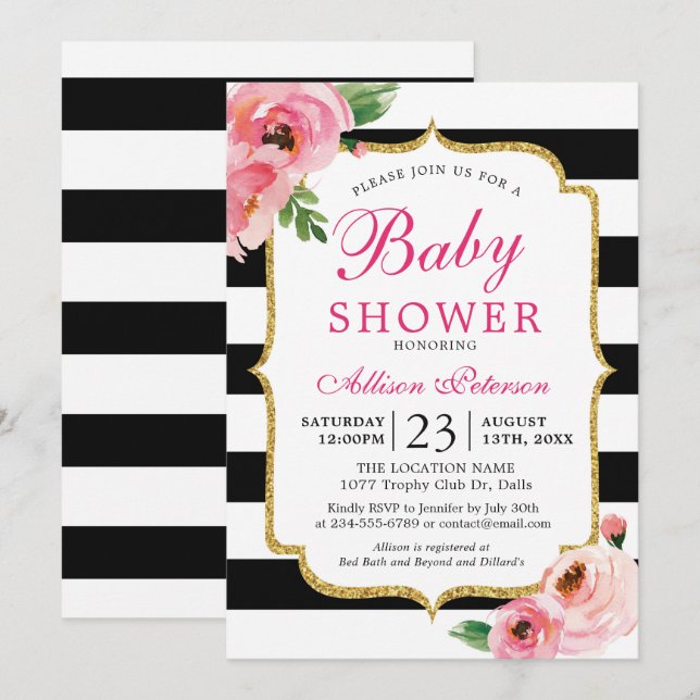 Invitation Baby shower Floral Rose noir (Devant / Derrière)