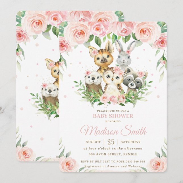 Invitation Baby shower Floral rose pâle (Devant / Derrière)