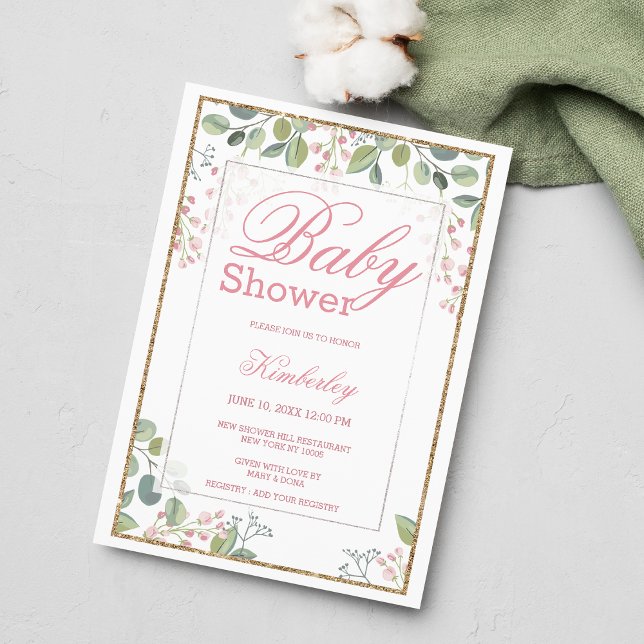 Invitation Baby shower floral rose pâle (Blush pink green watercolor floral Baby Shower)