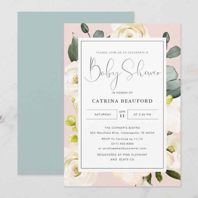 Invitation Baby shower Floral rose pâle (Devant / Derrière)