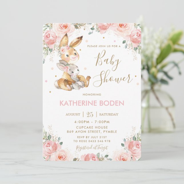 Invitation Baby shower floral rose pâle du lapin de Lapin  (Debout devant)