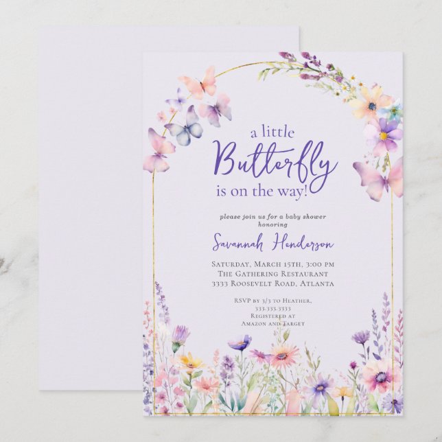 Invitation Baby shower floral rose papillon (Devant / Derrière)