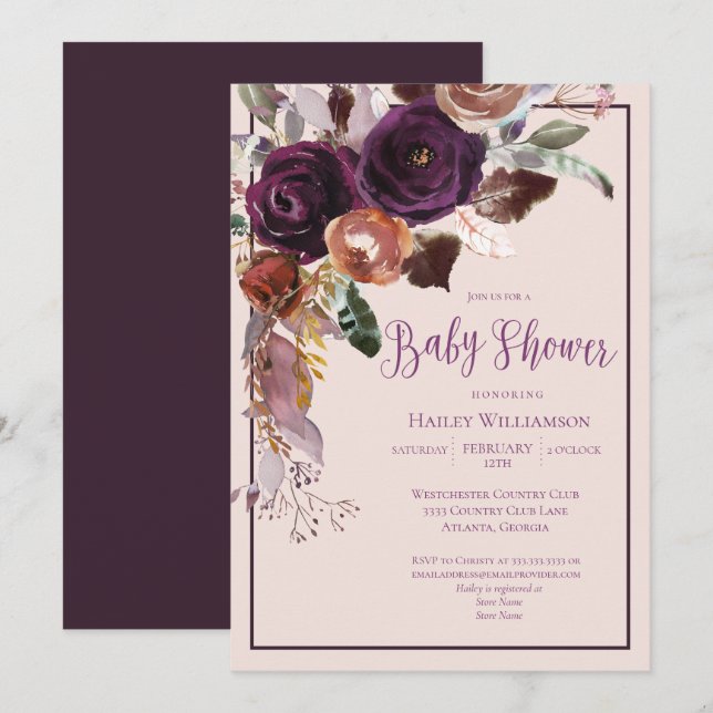 Invitation Baby shower floral rose, prune et or (Devant / Derrière)