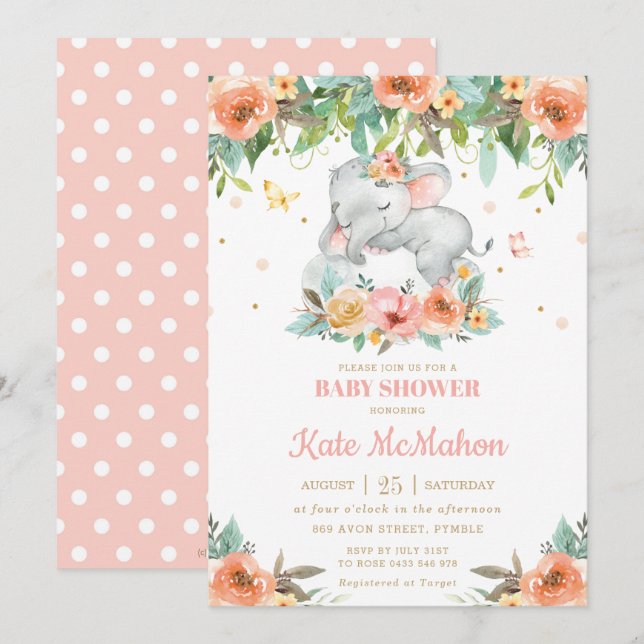 Invitation Baby shower floral rose rose de l'éléphant couché (Devant / Derrière)