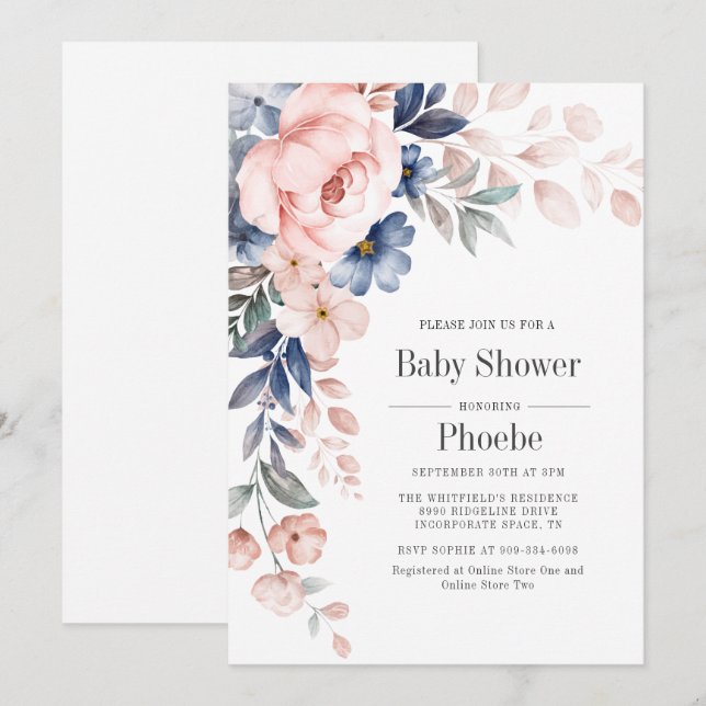 Invitation Baby shower floral rose rose fleuri (Devant / Derrière)