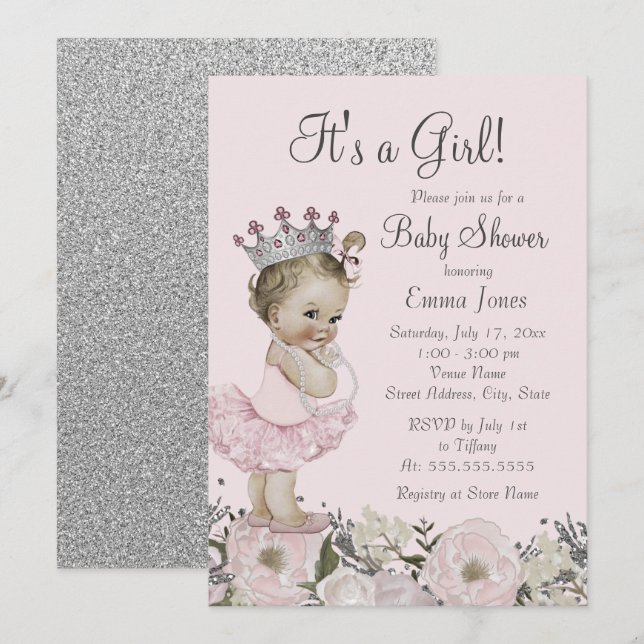 Invitation Baby shower Floral Rose Silver Princess (Devant / Derrière)