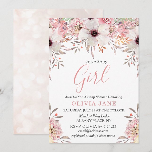 Invitation Baby shower floral rose vif (Devant / Derrière)