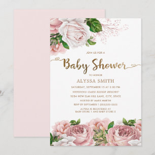 Invitation Baby shower floral rose vif pour bébé fille Script