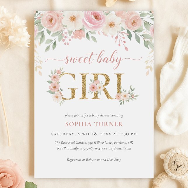 Invitation Baby shower floral rose vif pour fille (Blush Pink Gold Floral Girl Baby Shower Invitation)