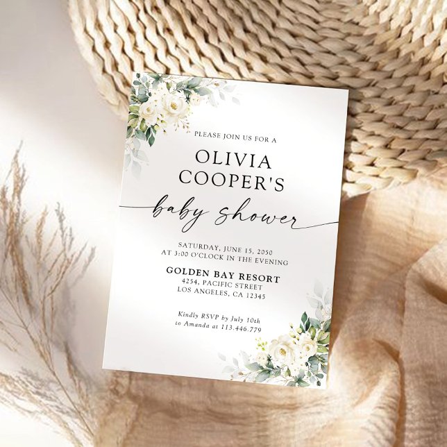 Invitation Baby shower Floral Roses Blanches (Créateur téléchargé)