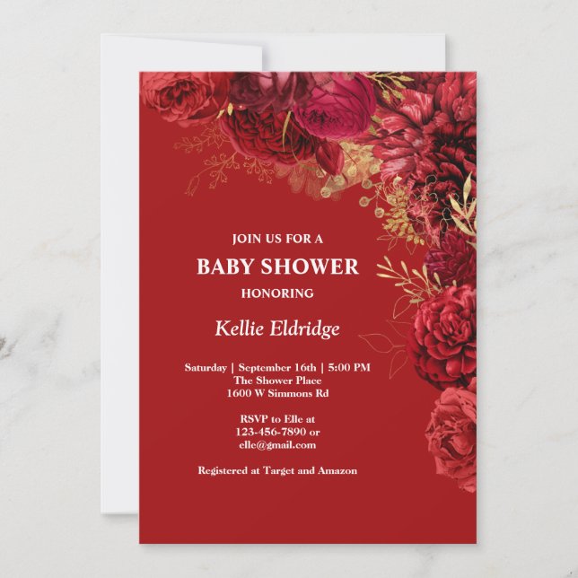 Invitation Baby shower Floral Rouge Et Or (Devant)