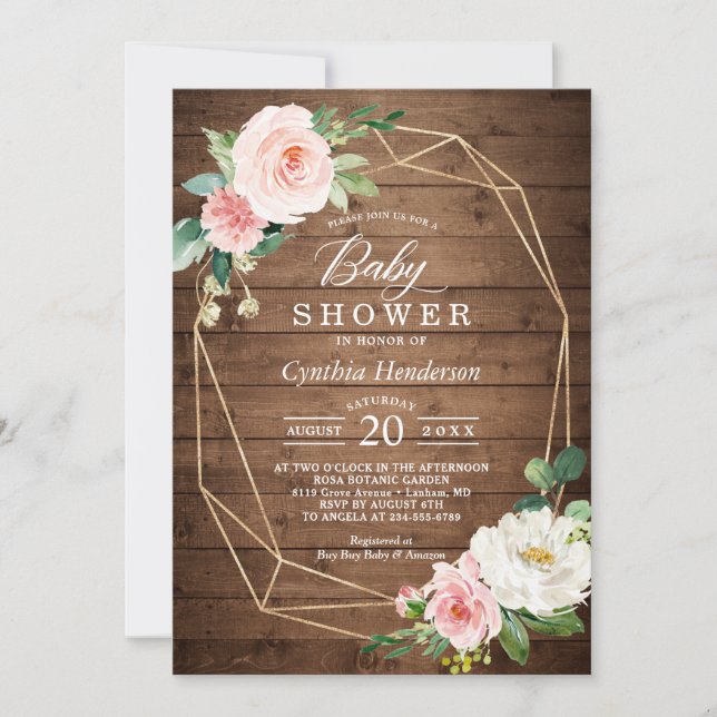 Invitation Baby shower floral roux géométrique (Devant)