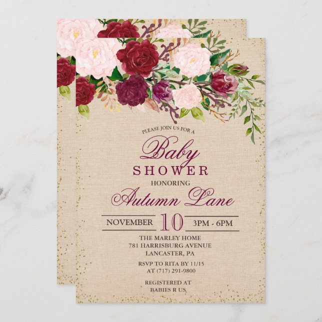 Invitation Baby shower Floral Rustique Bourgogne (Devant / Derrière)