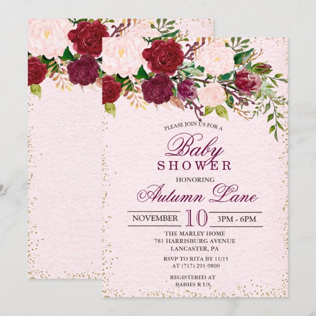 Invitation Baby shower Floral Rustique Bourgogne (Devant / Derrière)