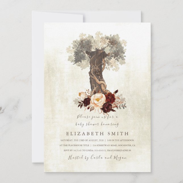 Invitation Baby shower Floral Rustique Bourgogne (Devant)