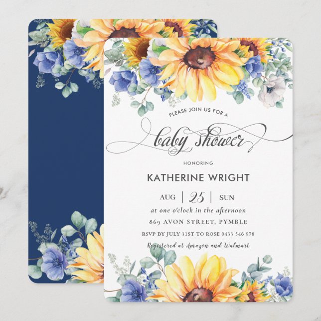Invitation Baby shower Floral Rustique Chic Sunflower Bleu  (Devant / Derrière)
