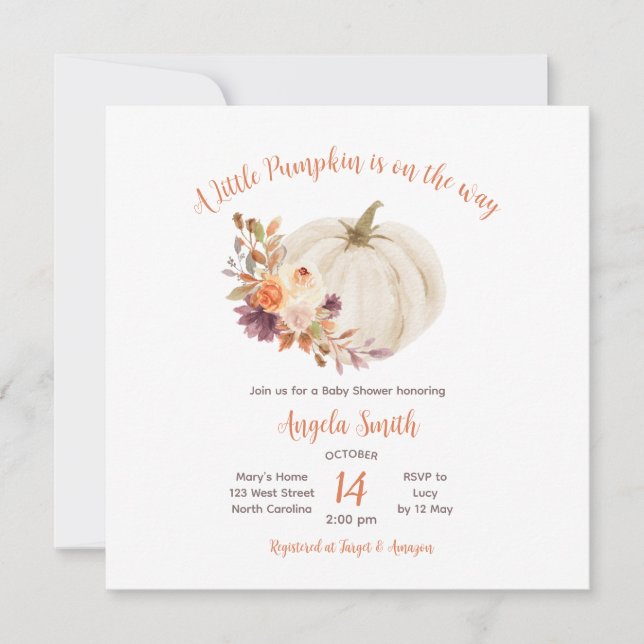 Invitation Baby shower Floral Rustique Citrouille à la crème  (Devant)