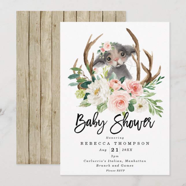 Invitation baby shower floral rustique de la souris (Devant / Derrière)