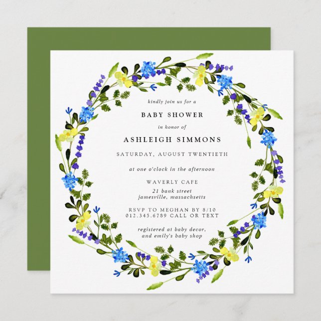 Invitation Baby shower floral rustique jaune et bleu Invitati (Devant / Derrière)