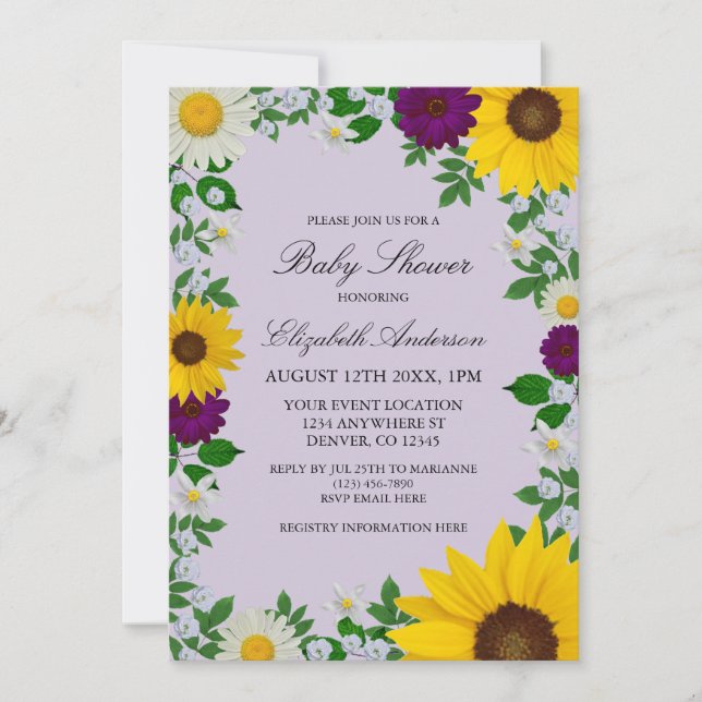 Invitation Baby shower floral rustique Tournesol Daisy (Devant)