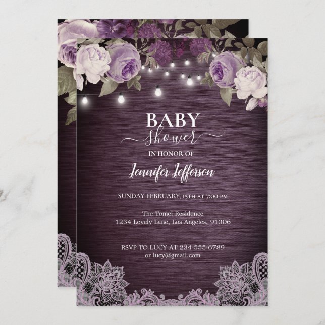 Invitation Baby shower Floral Rustique violet (Devant / Derrière)