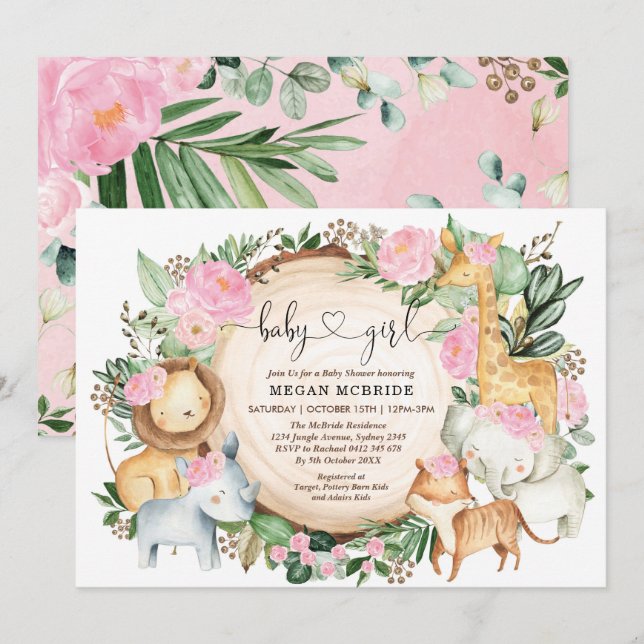 Invitation Baby shower Floral Safari Jungle Green Girl (Devant / Derrière)
