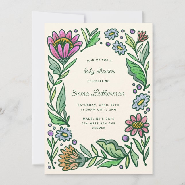 Invitation Baby shower floral scandinave artistique (Devant)
