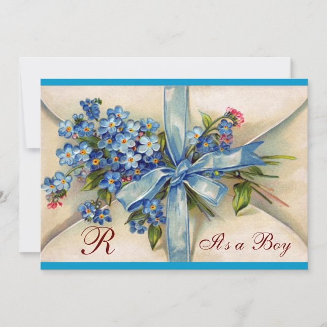 Invitation Baby shower FLORAL STORK BLUE BOW FLEURS MONOGRAM (Devant)