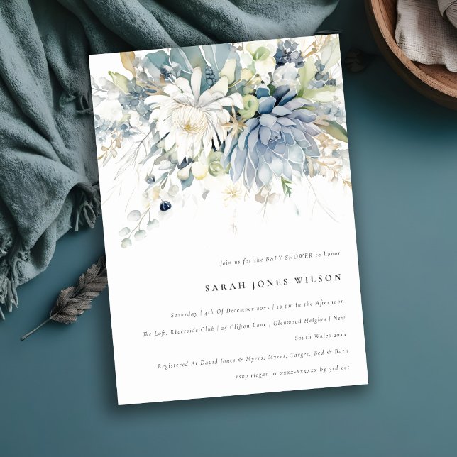 Invitation Baby shower floral Succulent bleu doux (Créateur téléchargé)