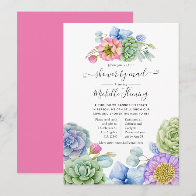 Invitation Baby shower floral succulent branché par courrier (Devant / Derrière)