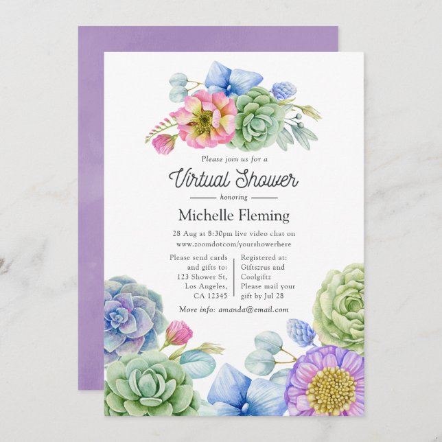 Invitation Baby shower Floral Succulent tendance (Devant / Derrière)