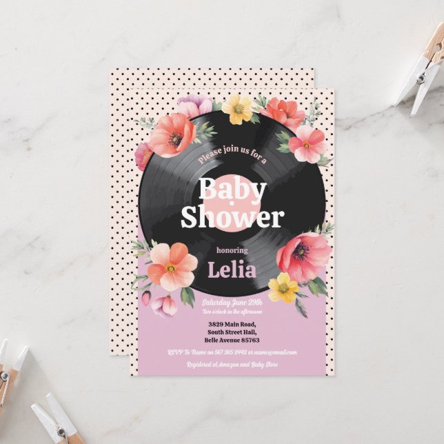 Invitation Baby shower Floral Summer Record Musique Party (Devant/Arrière en situation)