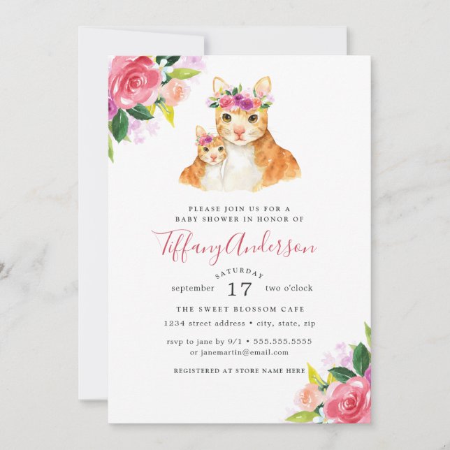 Invitation Baby shower Floral Sweet Maman Et Bébé Chat (Devant)